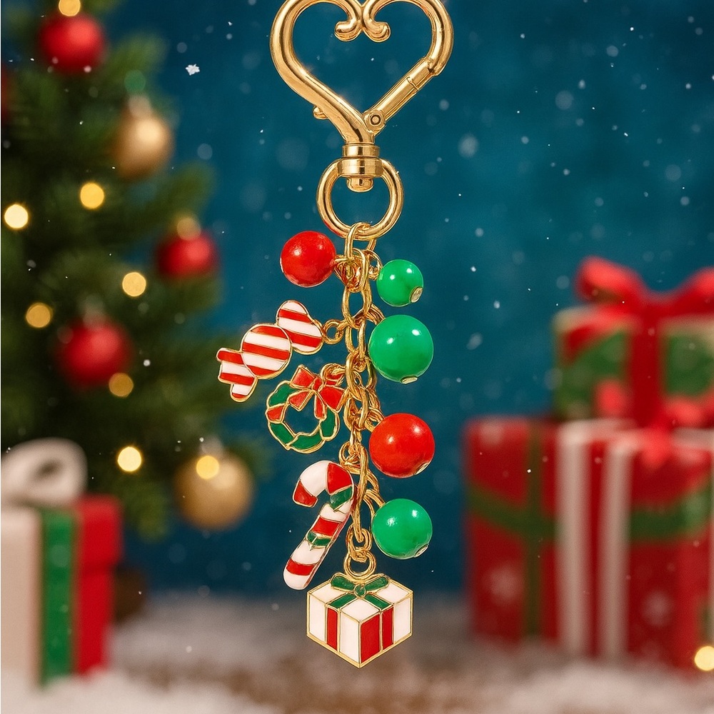 Festive Christmas Gold and Red Bag Charm.